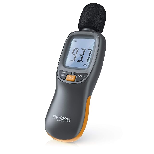 Brandson sound level meter with a large backlit display held at arm's length