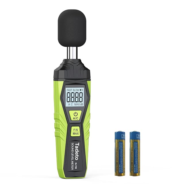 Tadeto T011 sound level meter showing a reading on its four-digit backlit display