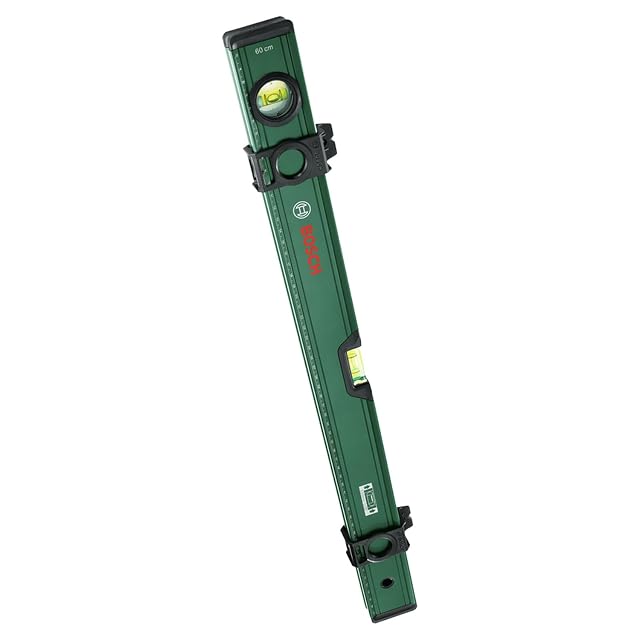 Bosch 60 cm aluminum spirit level showing its fluorescent vials, printed scale and two marking sliders