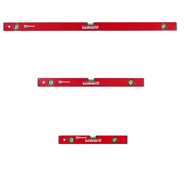 Einhell three-piece spirit level set laid out, at 40, 60 and 100 centimeters