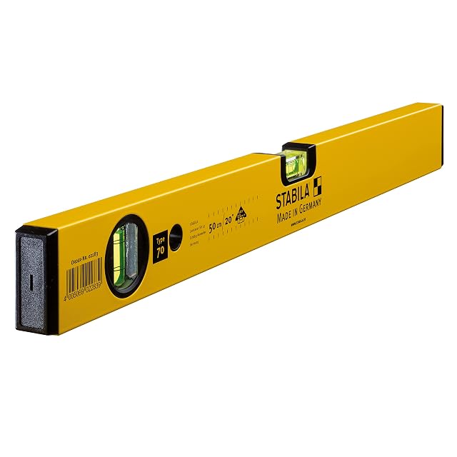 Stabila Type 70 aluminum spirit level, 50 centimeters, with its yellow body and acrylic vial windows