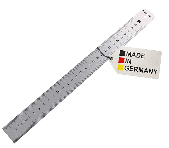 BAUHELD stainless steel scribing rule, 300 millimeters, with laser-etched metric and imperial scales