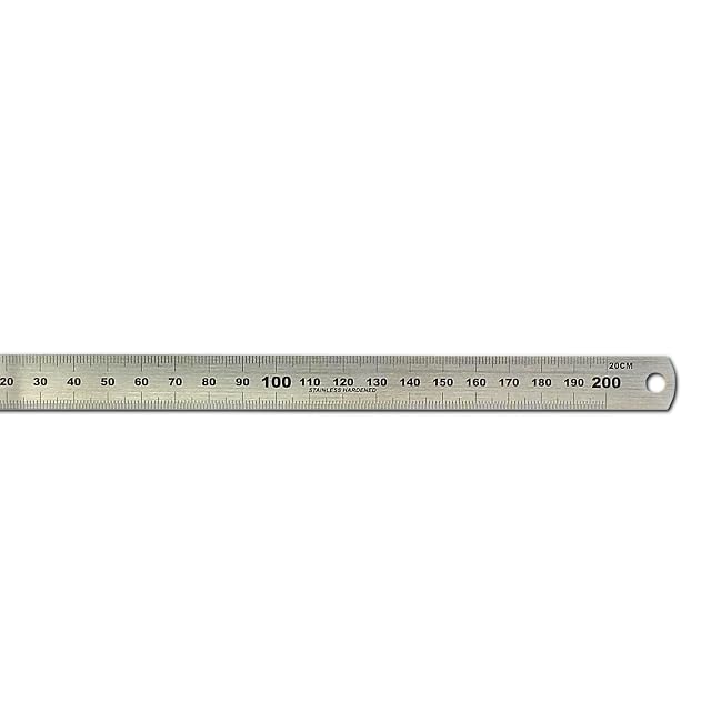 Hedue 200 mm stainless steel rule showing its etched millimeter graduations