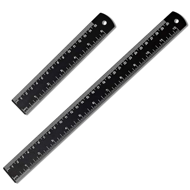 SenZee metal rules in two lengths, 30 and 15 centimeters, with metric and imperial scales