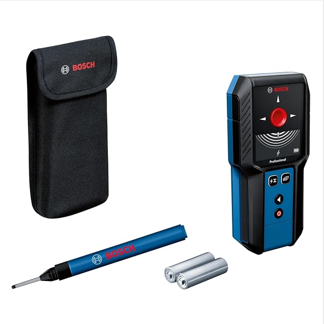 Bosch Professional GMS 120-27 wall scanner with its LED ring lit red over a detected object