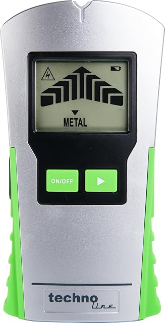 technoline WZ1200 wall scanner held against a plasterboard wall, display showing a stud
