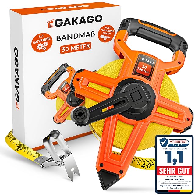 Gakago open-reel measuring tape with its folding rewind handle extended