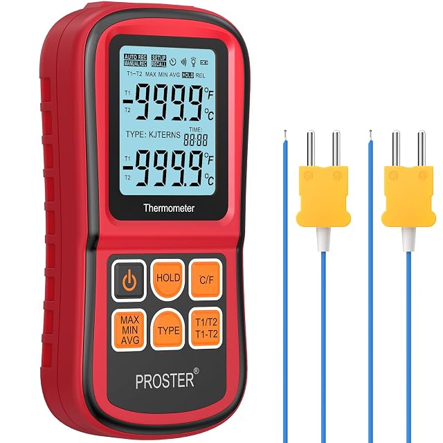 Proster dual-channel thermometer with two type K probes attached, showing both readings