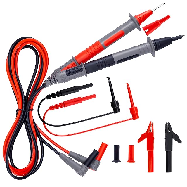 KAIWEETS test lead kit laid out with crocodile clips, needle probes and mini hooks