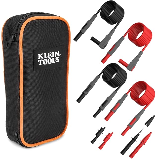 Klein Tools 69483 meter test lead accessory kit laid out with its case
