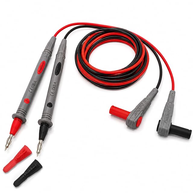 PeakTech TKS-4 test leads coiled, showing their angled banana plugs and probe tips