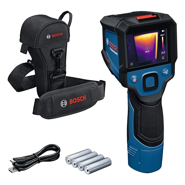 Bosch Professional GTC 12V-450-13 thermal camera in blue, showing a thermal image on its display