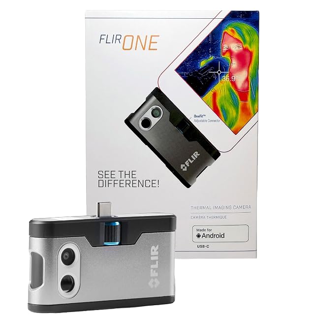 FLIR ONE Gen 3 thermal camera plugged into the USB-C port of an Android phone