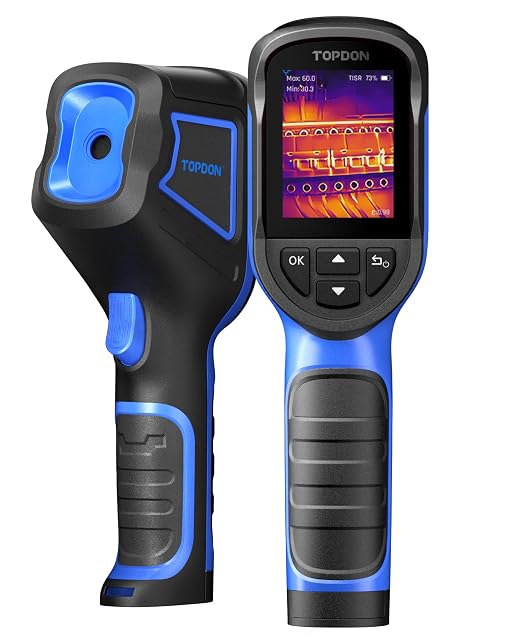 TOPDON TC004 Mini thermal camera showing a heat image on its built-in screen
