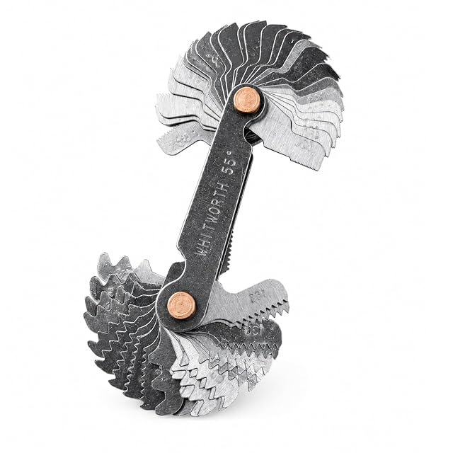 shttoca thread pitch gauge set fanned open, showing its metric and imperial leaves