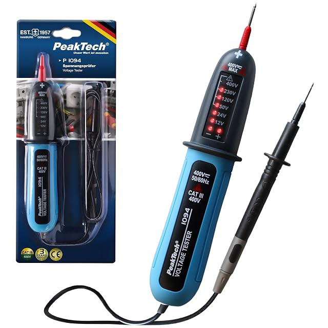 PeakTech P 1094 two-pole voltage tester with its two probes and LED scale